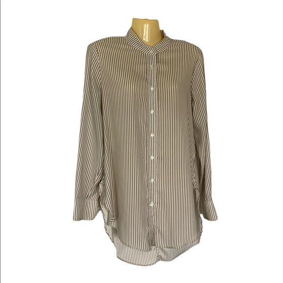 Philosophy Tunic Top Roll Tab Sleeve Button Front Slimming Beige Stripe Small - Picture 1 of 7